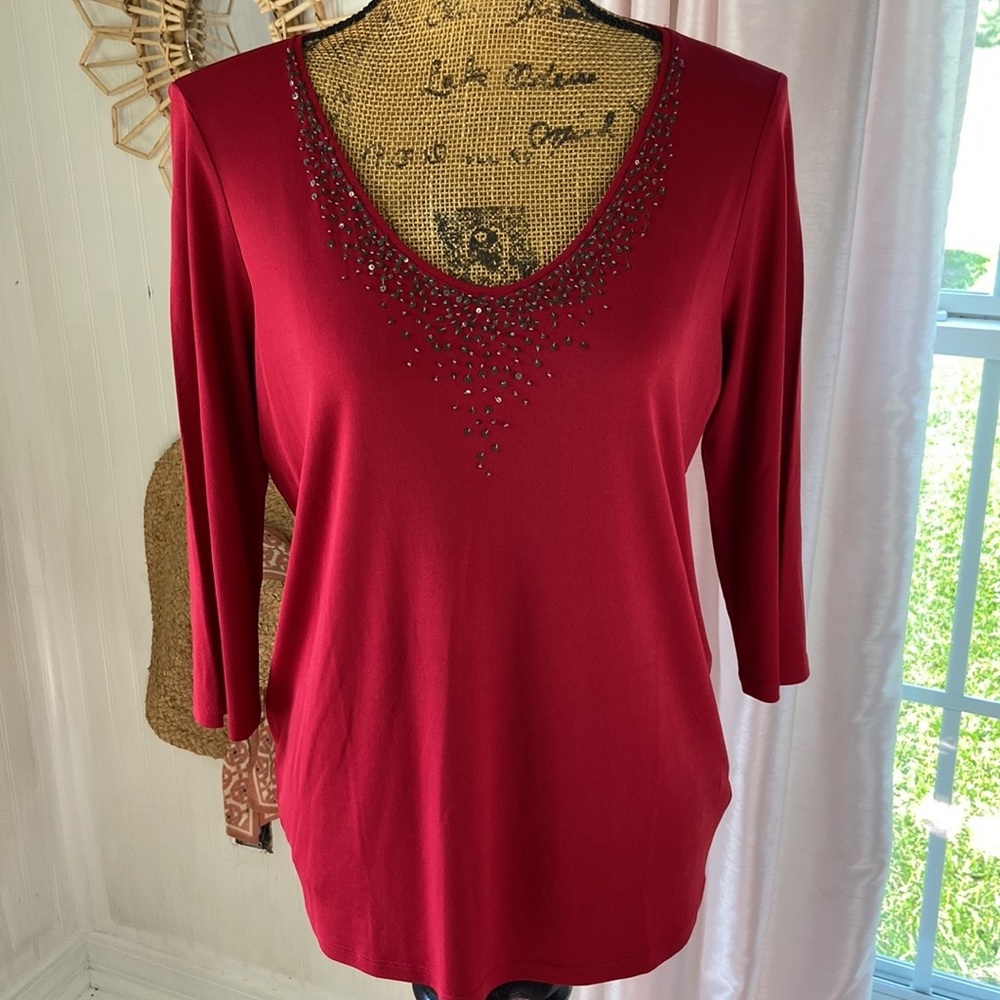 Eileen Fisher Red Silk Beaded 3/4 Sleeve Blouse Top Sz S
